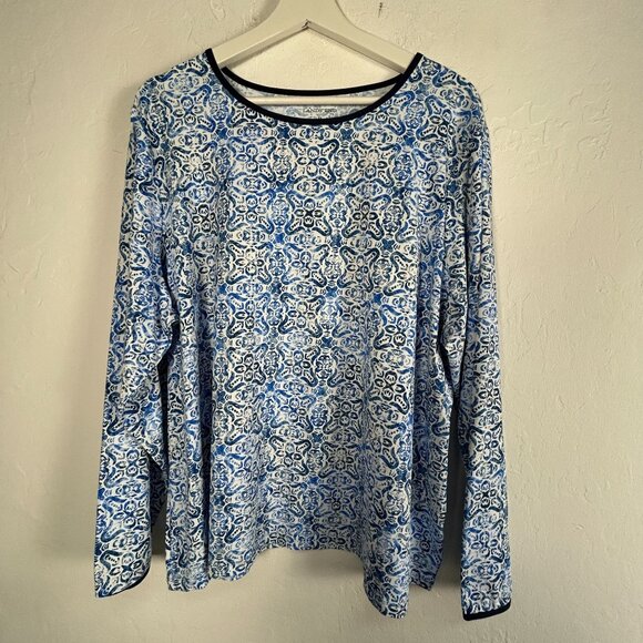 Lands' End Womens 2X 20W-22W Long Sleeve Printed Top Blue/White Stretch Casual - Picture 1 of 7